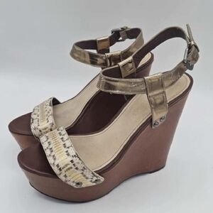 Vera Wang Brown Wedge Sandals with Gold Ankle Straps and Snakeskin Toe Band
